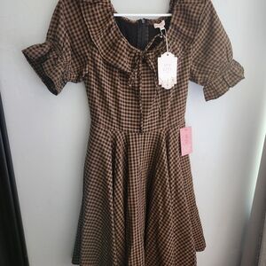 Brown Checkered Dress with Puff Sleeves